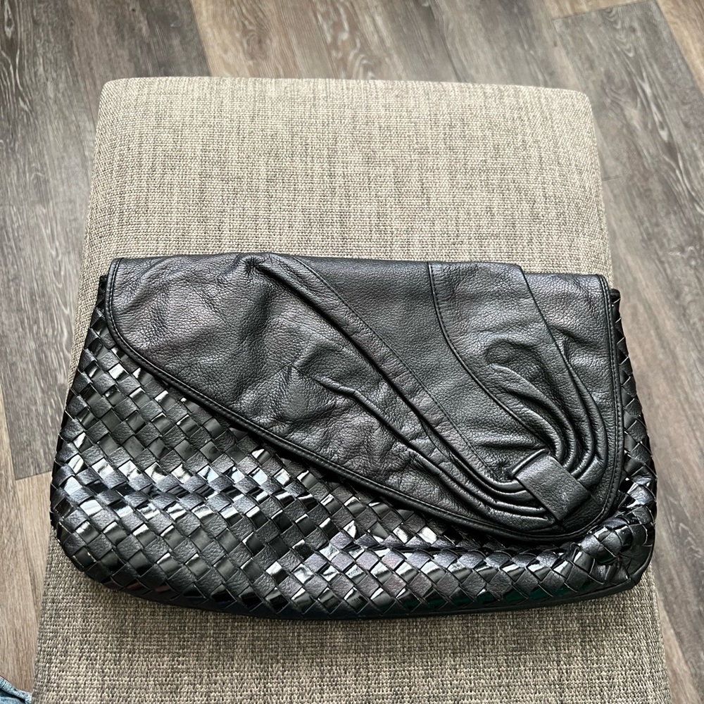 MILANO Black Leather Clutch with Textured Woven Design Luxe